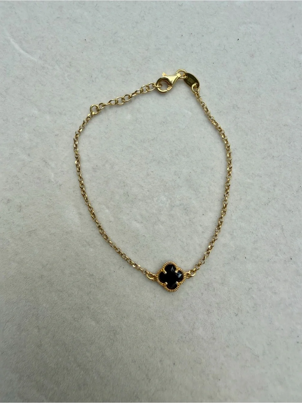 Dyadema Italy 925 Gold Plated Golden Chain Bracelet Black Onyx Clover 7”